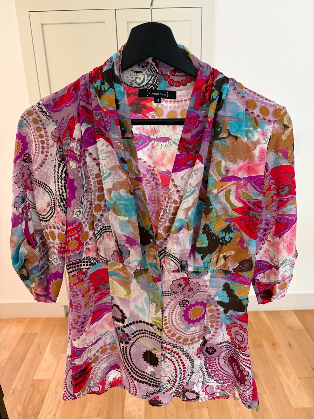 100% Silk Pink Multi Floral V-Neck Blouse